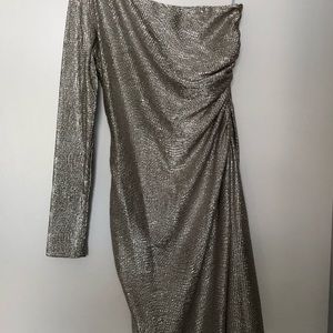 Hailey Adrianna Papell one shoulder silver bodycon dress